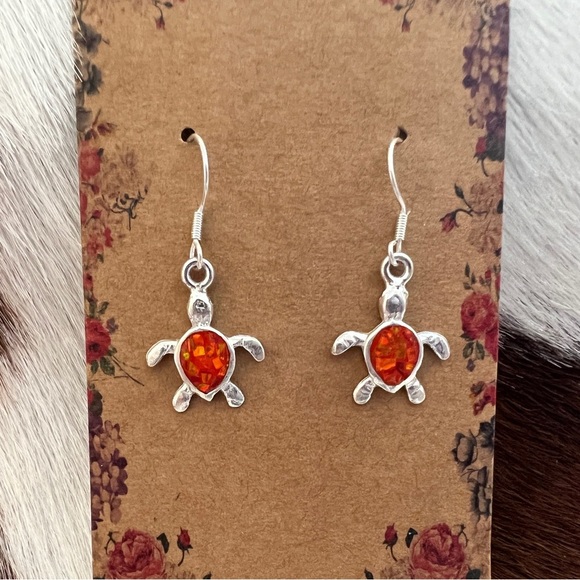 ❤️ Orange Opal Turtle TAXCO 950 Sterling Silver Earrings 1.11”L x .56”W - Picture 3 of 11